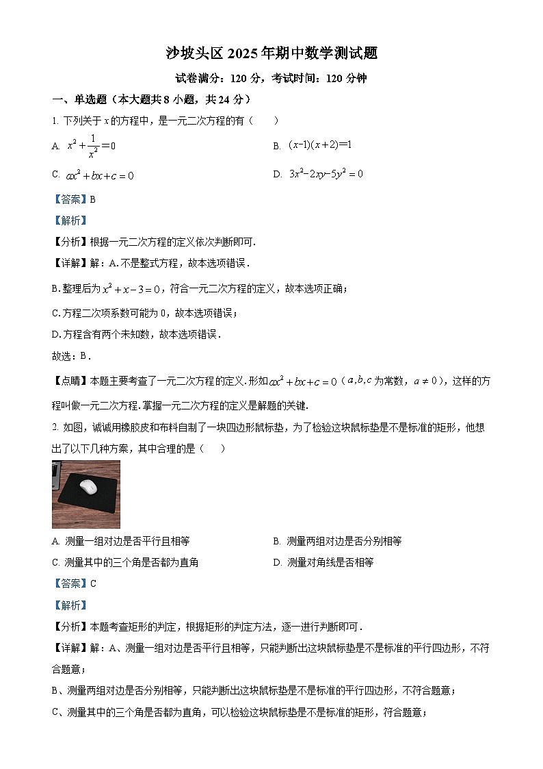 宁夏中卫市沙坡头区2024—2025学年上学期期中考试九年级数学测试题（解析版）-A4第1页