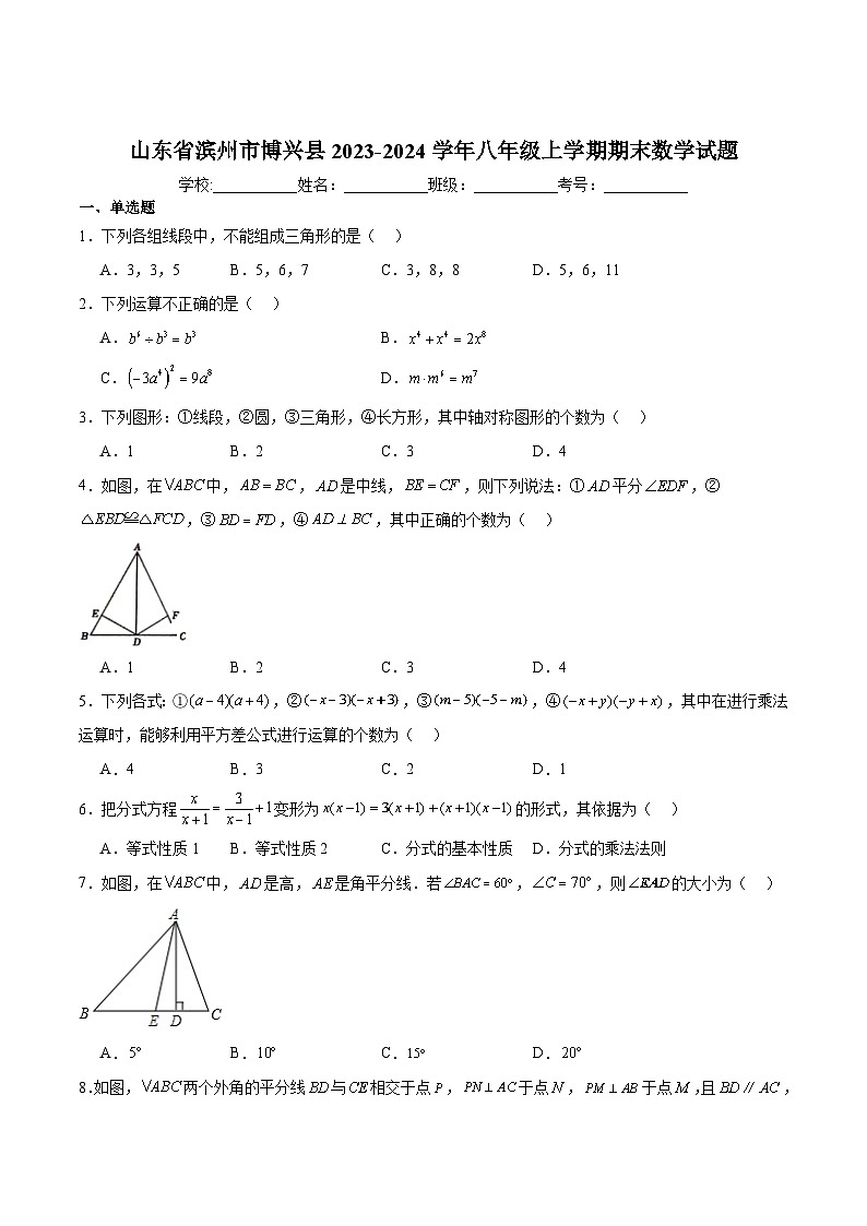 山东省滨州市博兴县2023-2024学年八年级上学期期末质量监测数学试卷(含解析)第1页