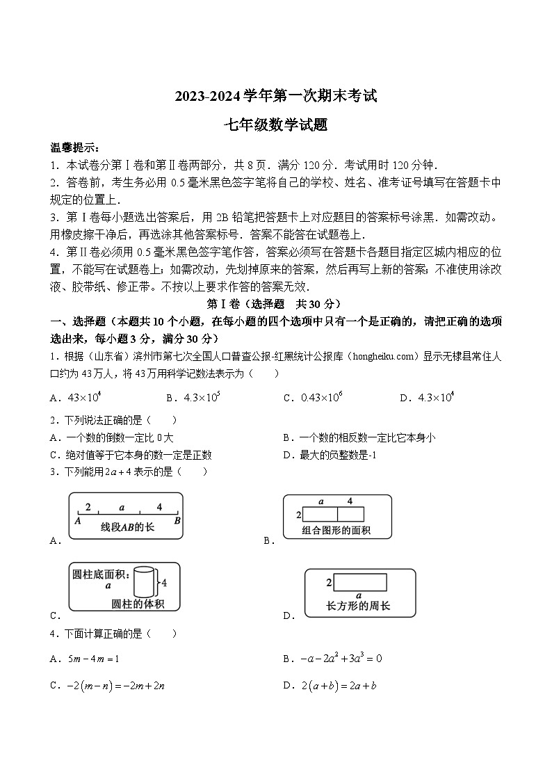 山东省滨州市无棣县2023-2024学年七年级上学期期末考试数学试卷(含答案)第1页