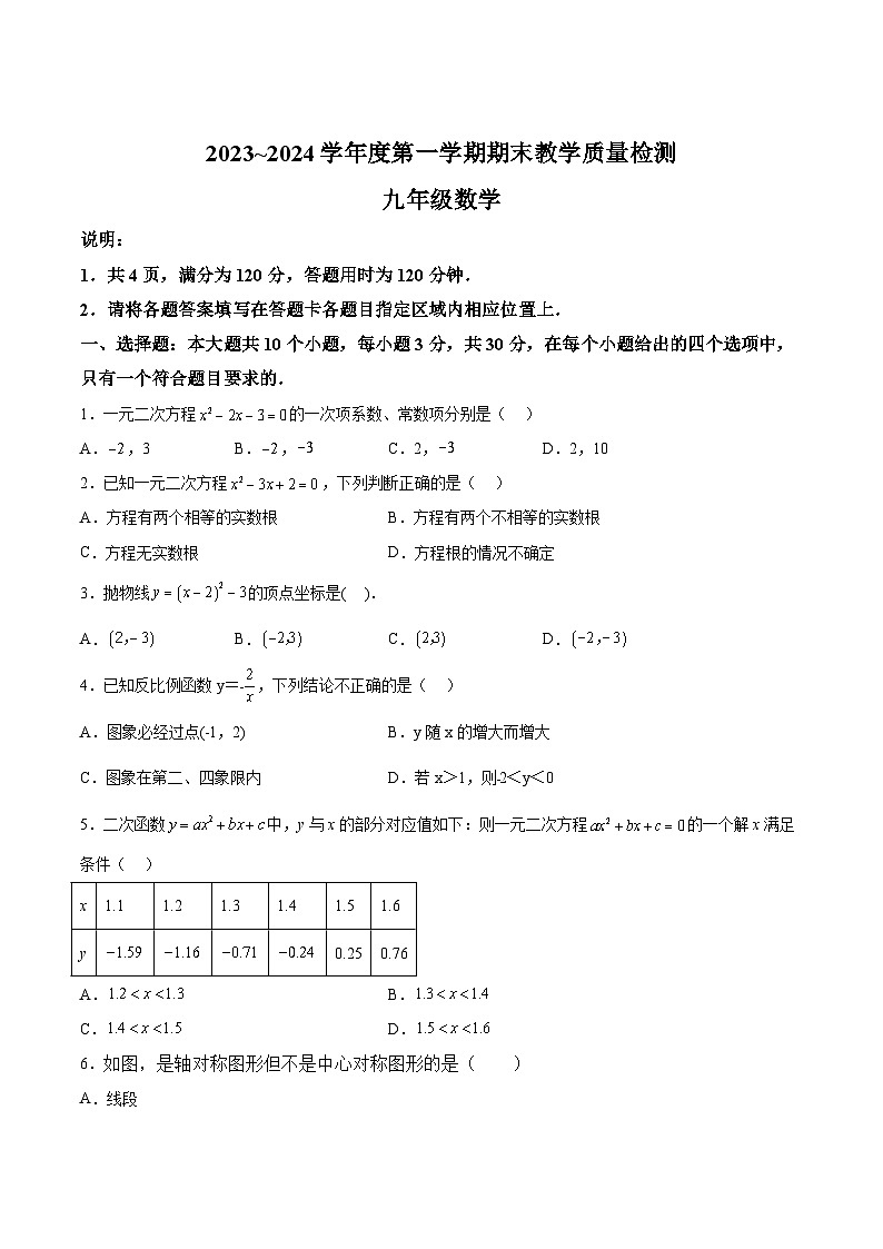 广东省阳江市阳春市2024届九年级上学期期末考试数学试卷(含答案)第1页