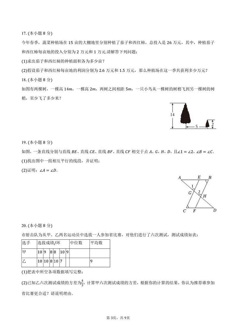 2023～2024学年贵州省贵阳外国语实验中学八年级(上)期末数学试卷(含答案)第3页