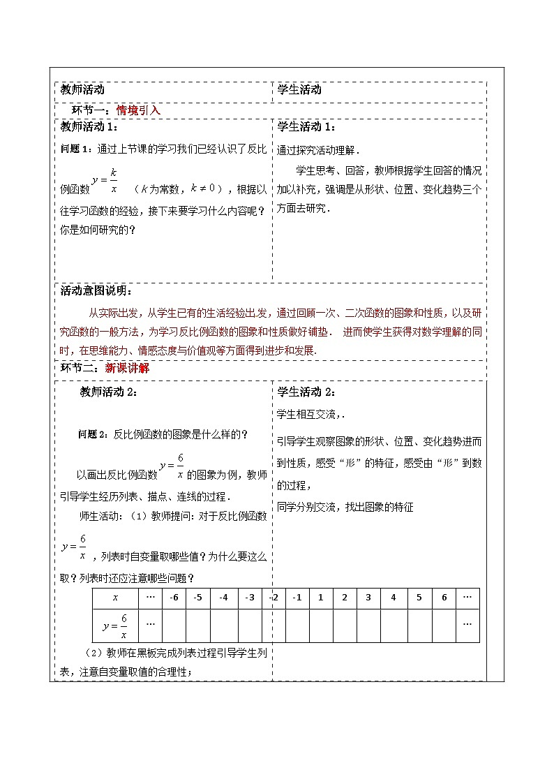 26.1.2反比例函数的图像和性质（1）   教案第2页