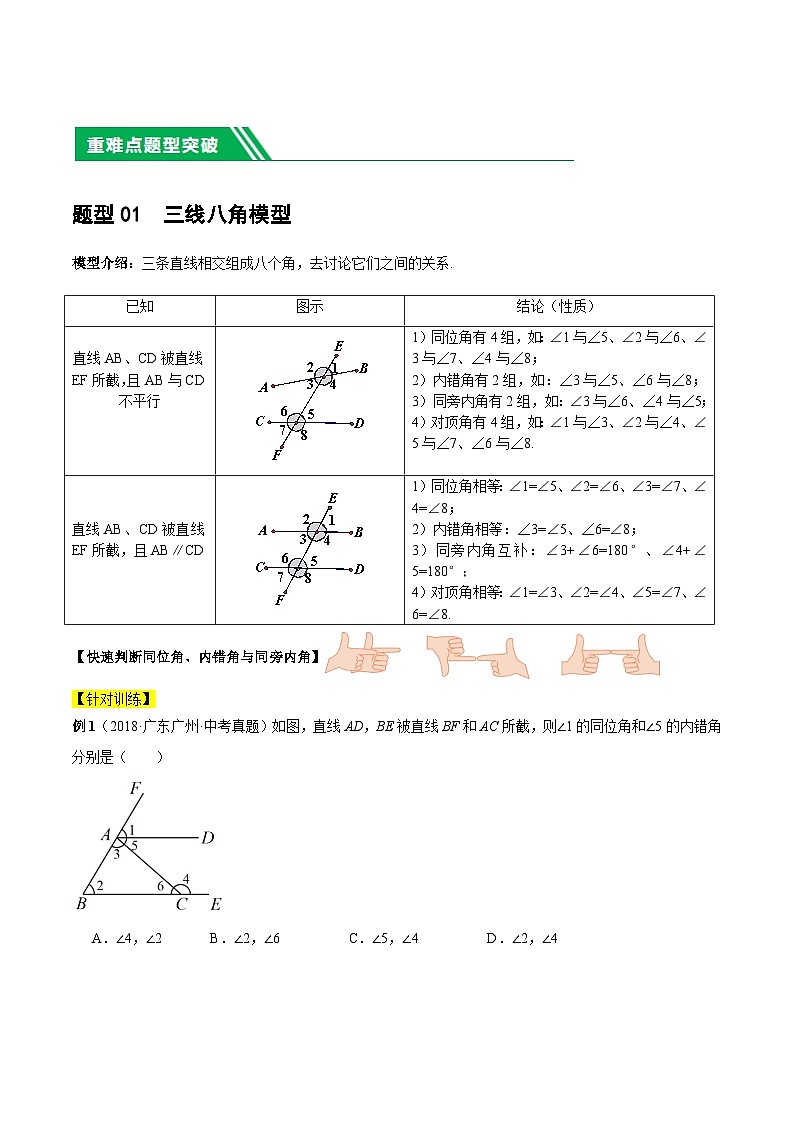 重难点06 相交线与平行线的5种模型（三线八角、铅笔头、锯齿型、翘脚、三角板拼接型）（原卷版）第2页