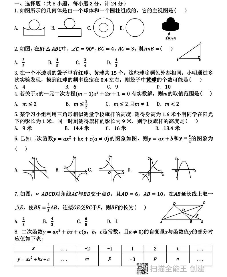 陕西省西安市航天城第一中学2024—2025学年上学期第三次月考九年级数学试题第1页