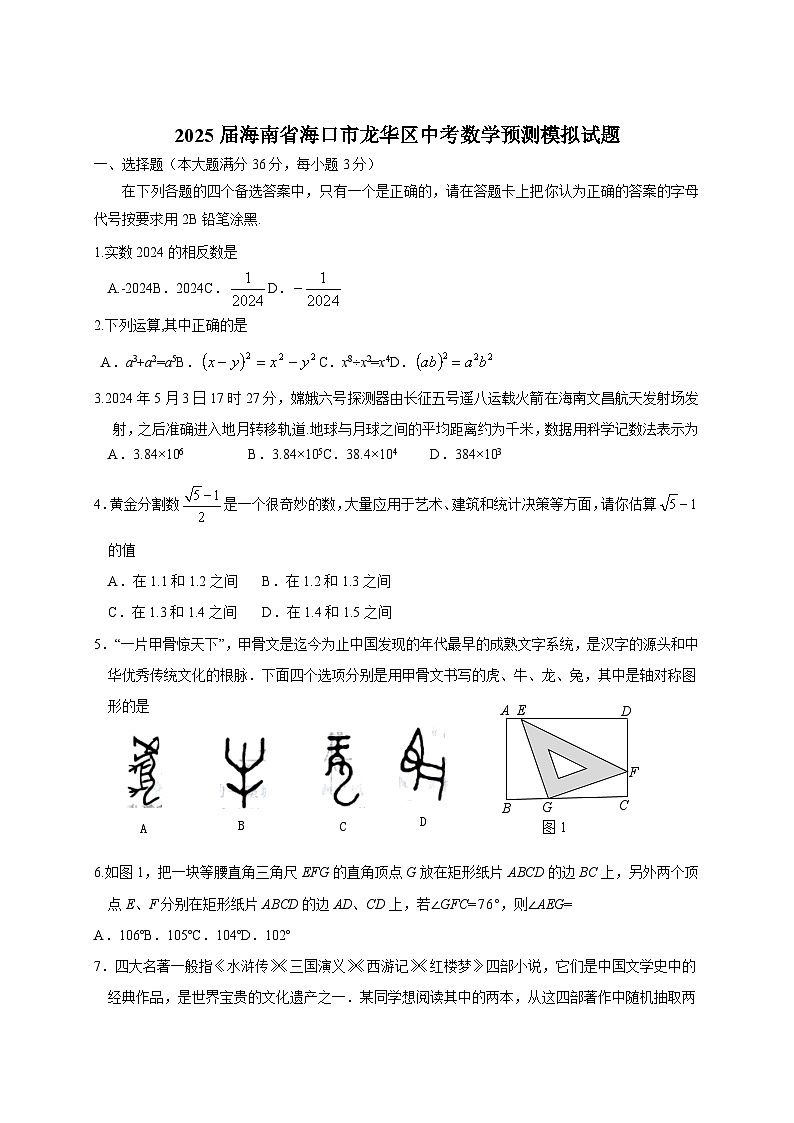 2025届海南省海口市龙华区中考数学预测模拟试题（含答案）第1页