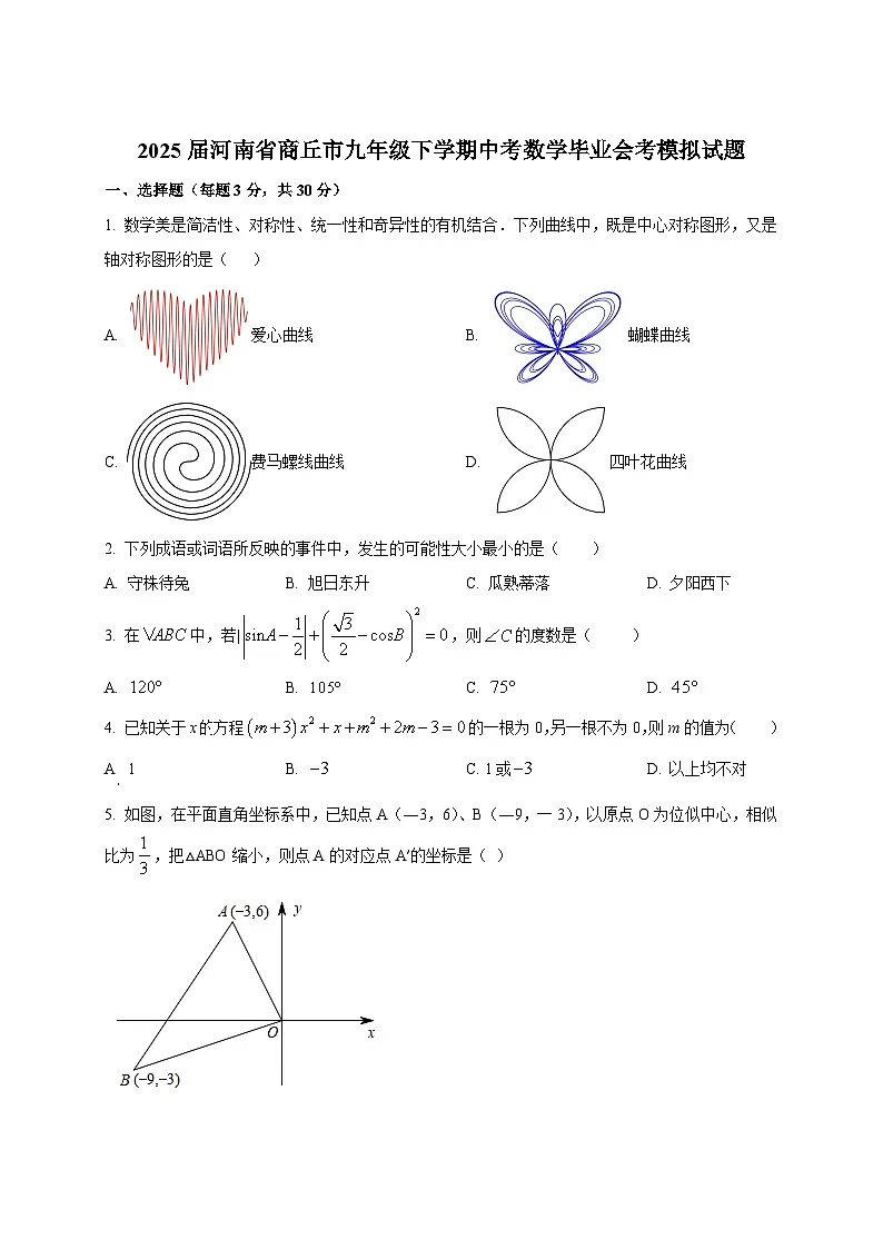 2025届河南省商丘市九年级下学期中考数学毕业会考模拟试题（含解析）第1页