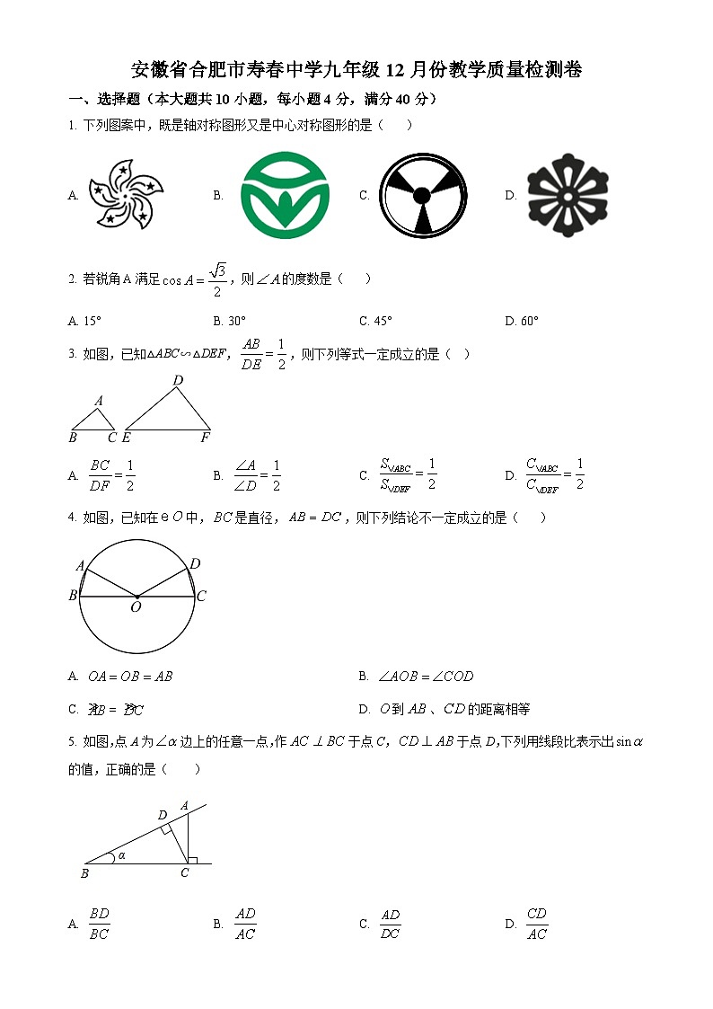安徽省合肥市寿春中学2023-2024学年九年级上学期月考数学试题（原卷版）-A4第1页