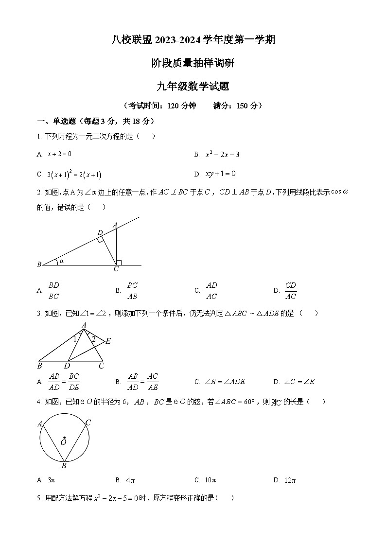 江苏省泰州市靖江市八校联考2023-2024学年九年级上学期12月月考数学试题（原卷版）-A4第1页