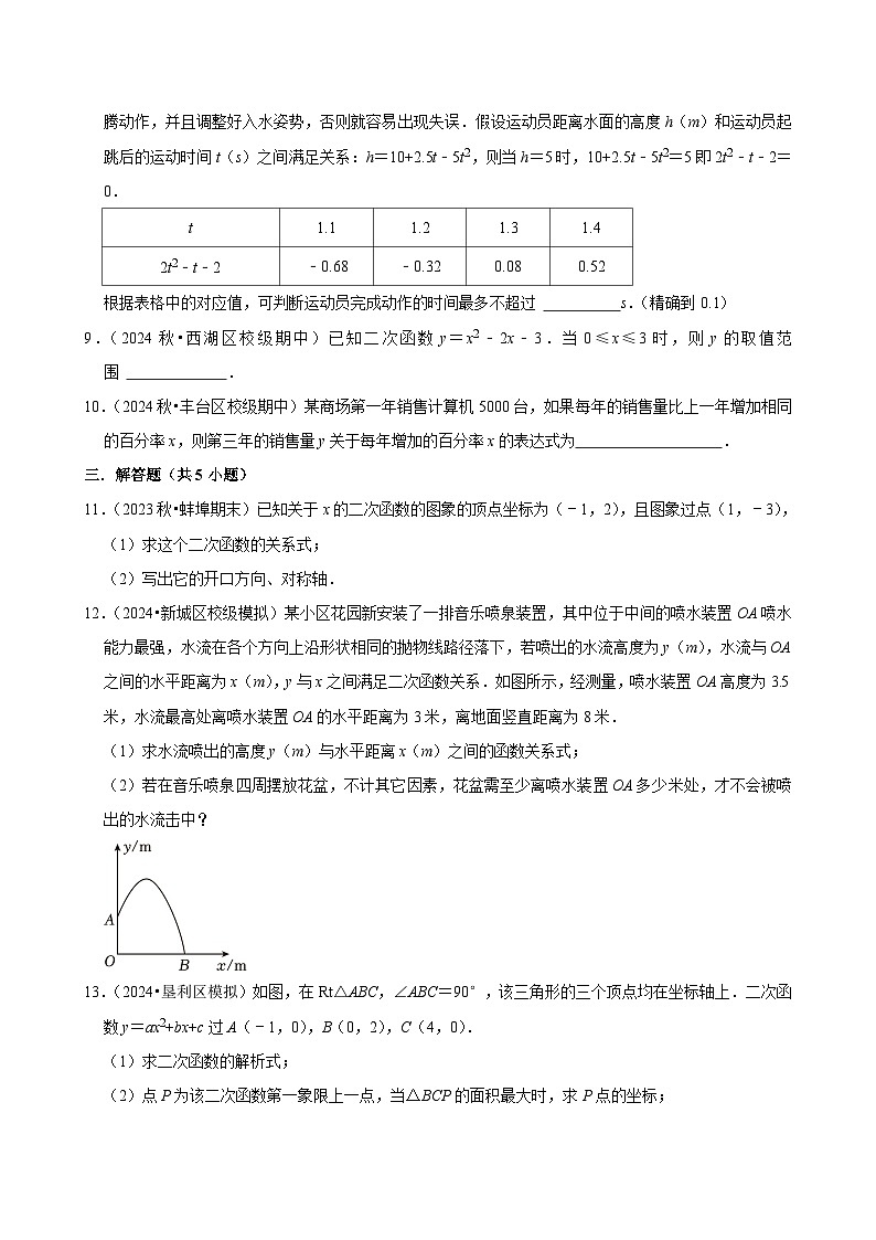 2024-2025学年上学期初中数学人教版九年级期末必刷常考题之二次函数练习第2页