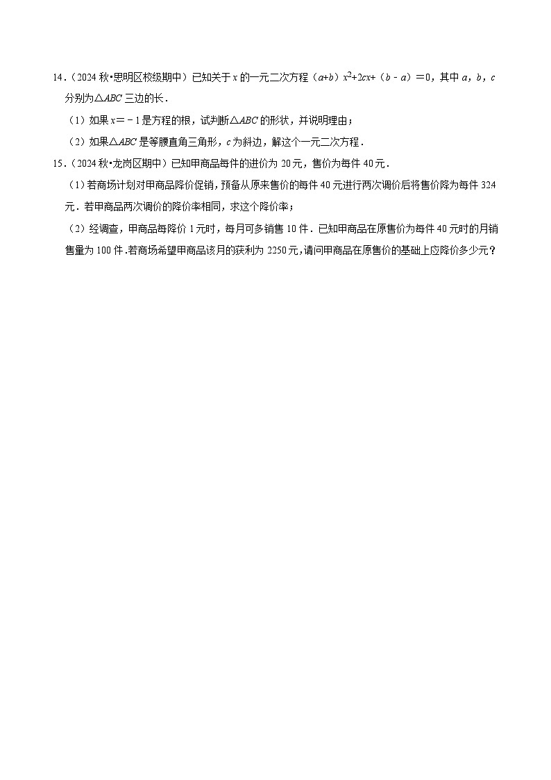 2024-2025学年上学期初中数学人教版九年级期末必刷常考题之一元二次方程练习第3页