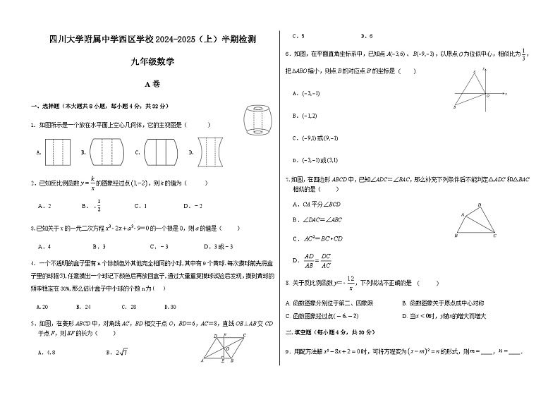 四川省成都市武侯区四川大学附属中学西区学校2024-2025学年九年级上学期期中检测数学试卷第1页