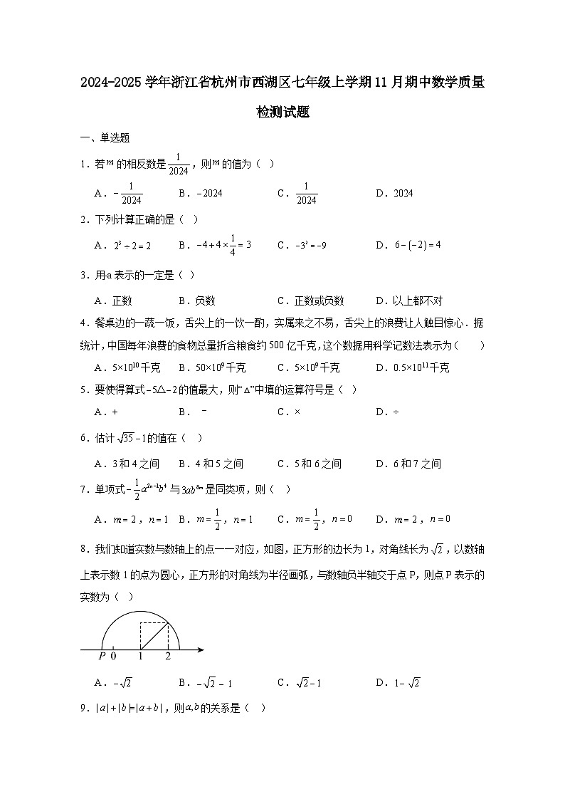 2024-2025学年浙江省杭州市西湖区七年级上学期11月期中数学质量检测试题第1页