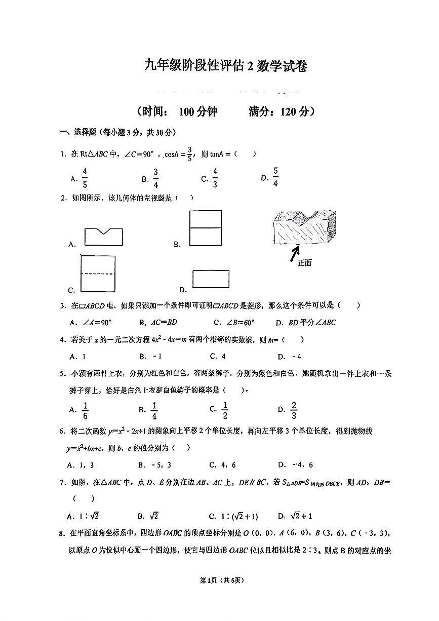 河南省实验中学2024—2025学年上学期九年级第二次月考数学试卷 第1页