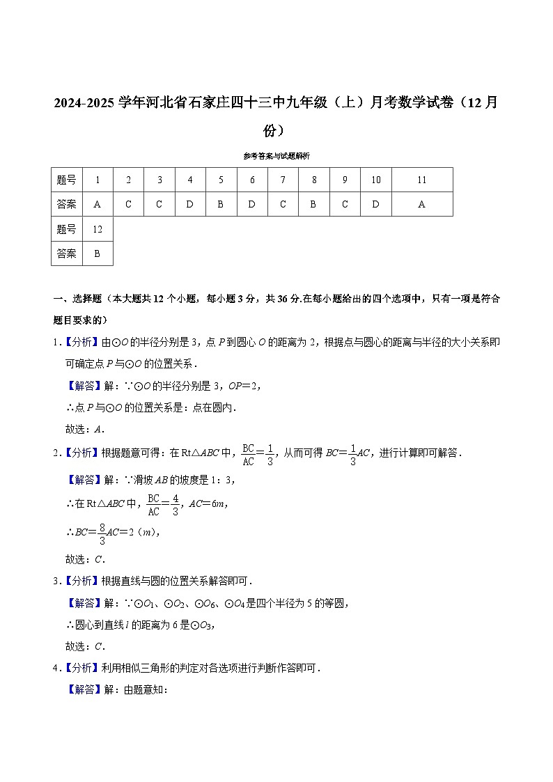 河北省石家庄市第四十三中学2024-2025学年上学期九年级二阶段考试数学试卷（12月份）第1页