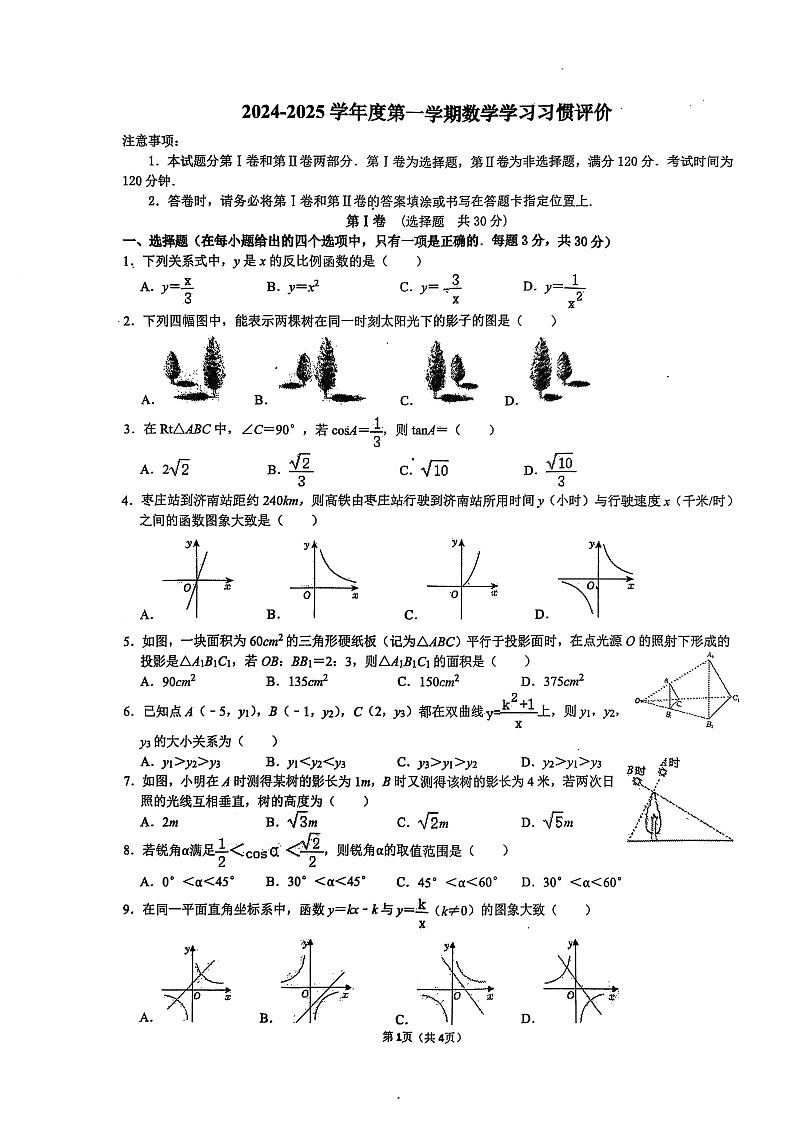 2024-2025学年度第一学期诊断性学习评价九年级数学试题第1页