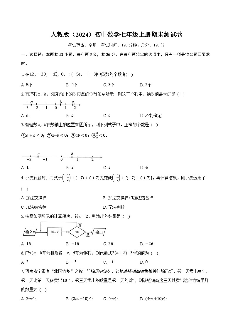 人教版（2024）初中数学七年级上册期末测试卷（较易难度）（含详细答案解析）第1页