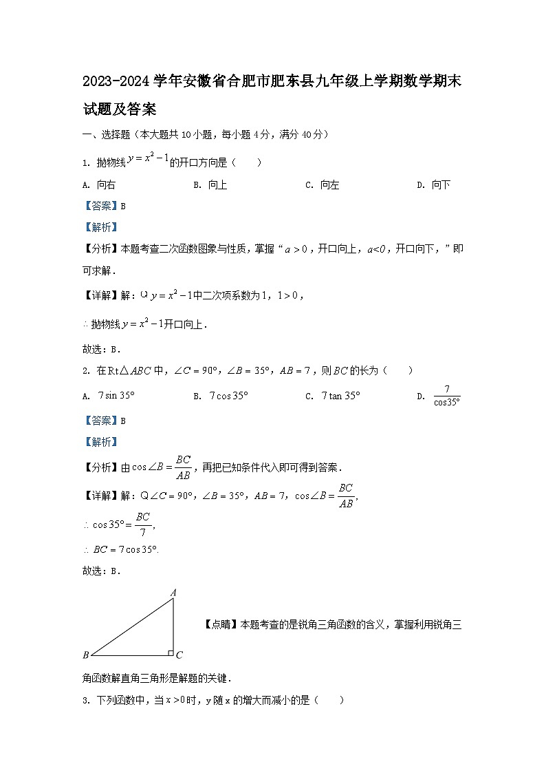 2023-2024学年安徽省合肥市肥东县九年级上学期数学期末试题及答案第1页