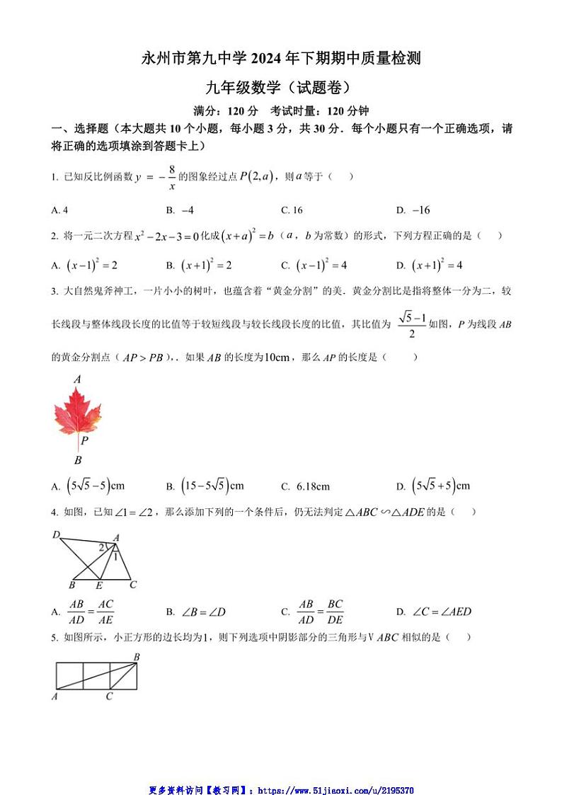 2024～2025学年湖南省永州市第九中学九年级(上)期中数学试卷(含简单答案)第1页