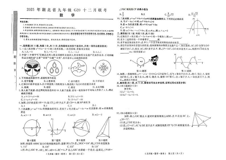 2025年湖北省G20 2024--2025学年上学期九年级12月联考数学试卷第1页