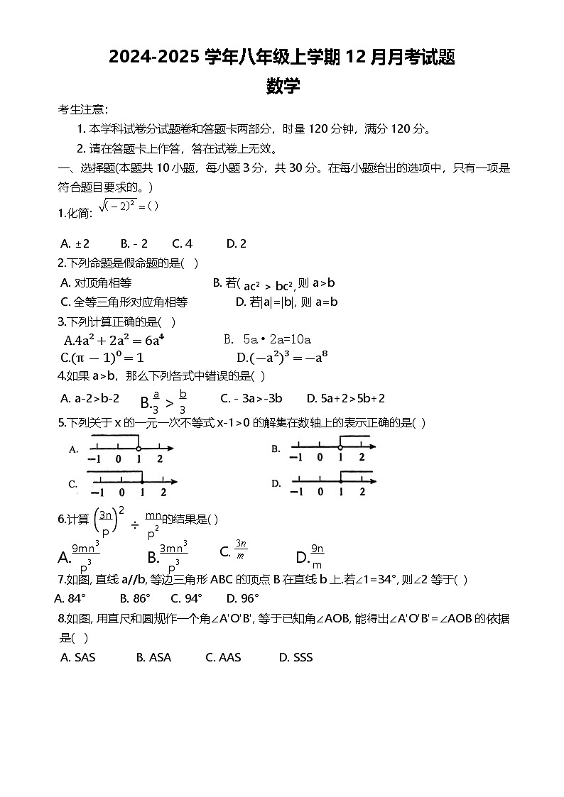 湖南省娄底市新化县2024-2025学年八年级上学期12月月考数学试题-A4第1页