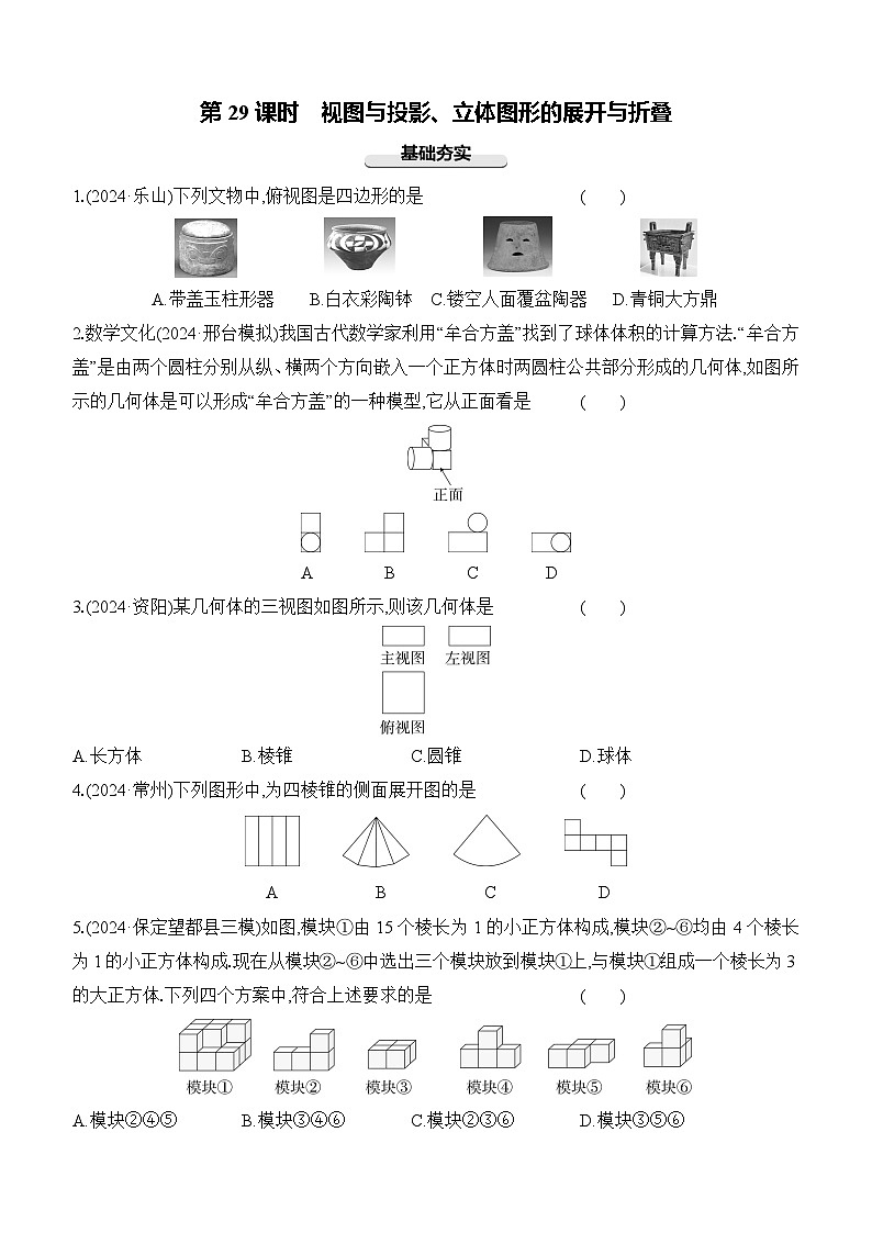 第29课时 视图与投影、立体图形的展开与折叠 -【备战2025】2025年中考数学一轮专题复习强化练习（含答案）第1页