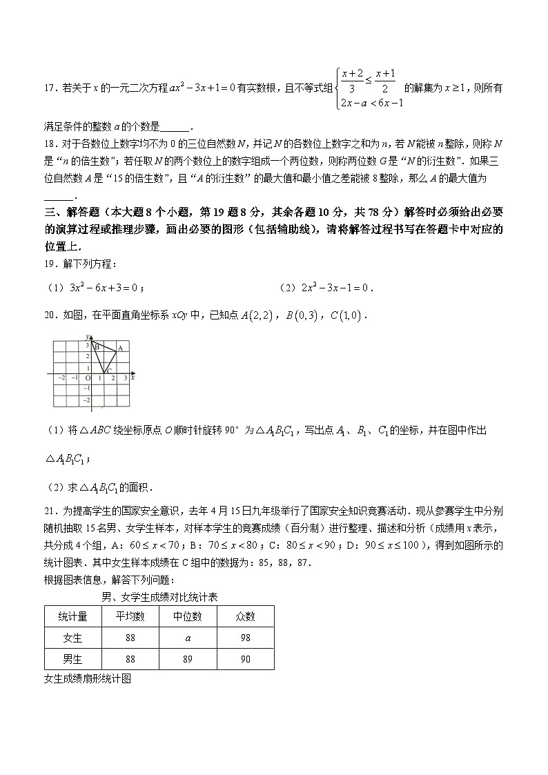 重庆市忠县2024届九年级上学期期末学业水平监测数学试卷(含答案)第3页