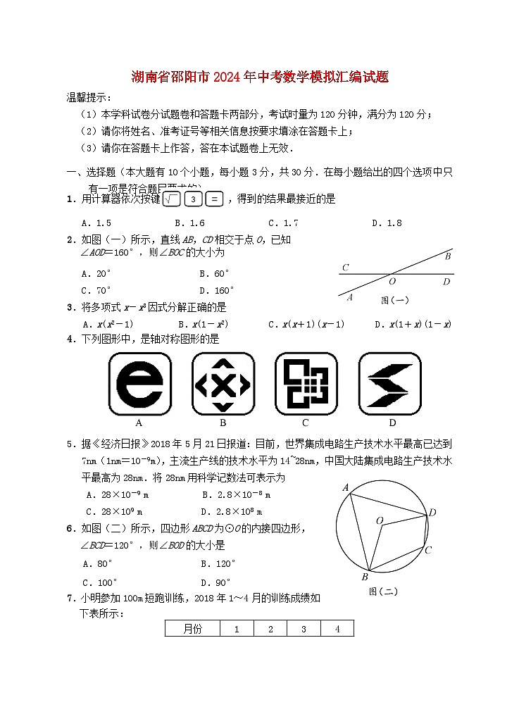 湖南省邵阳市2024年中考数学模拟汇编试题（含答案）第1页
