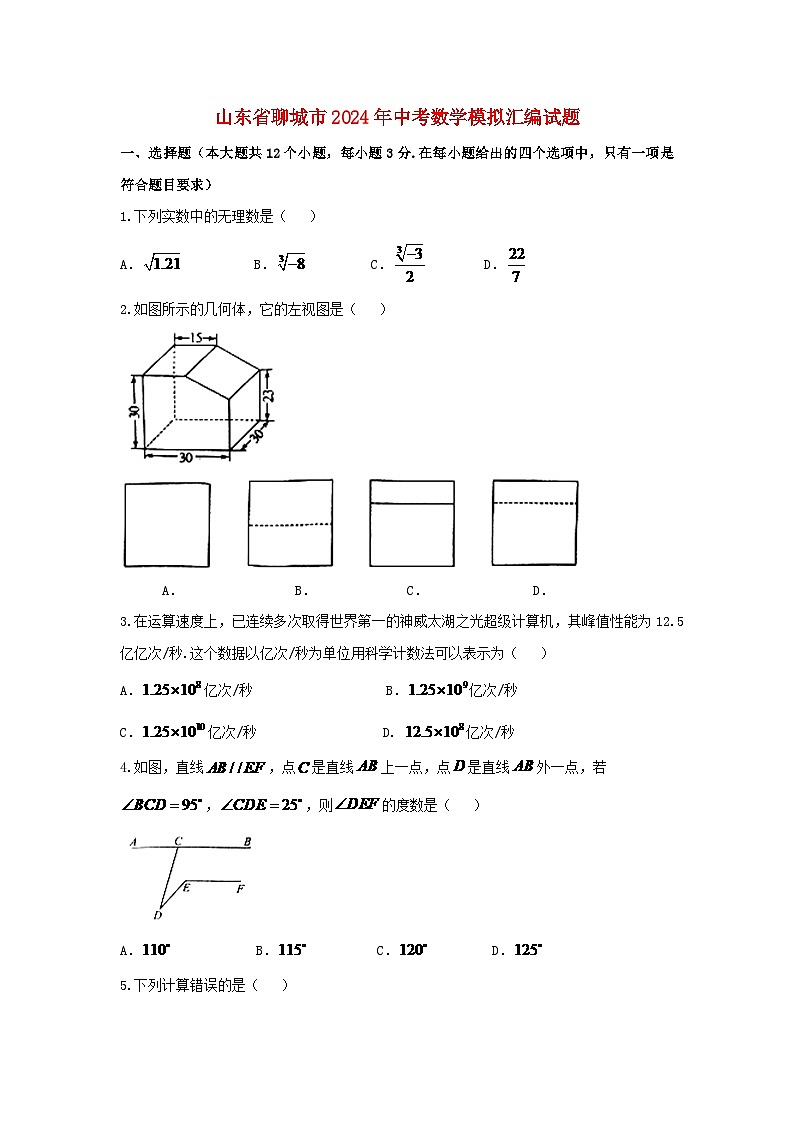 山东省聊城市2024年中考数学模拟汇编试题（含扫描答案）第1页