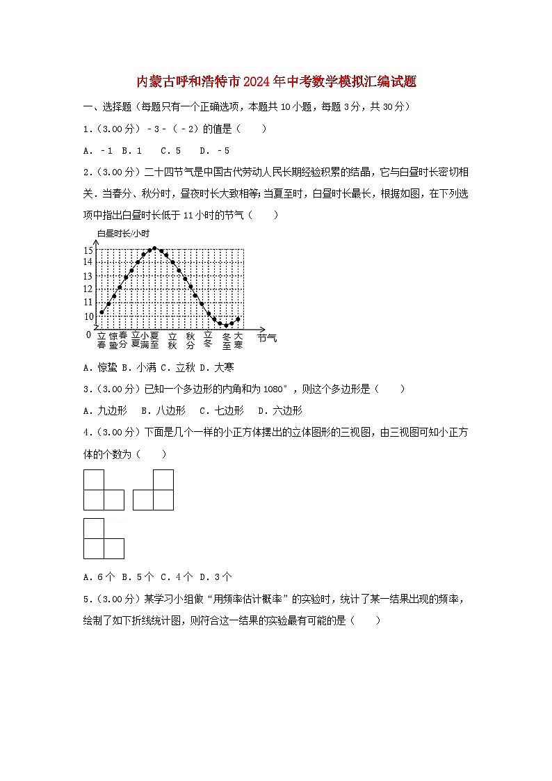 内蒙古呼和浩特市2024年中考数学模拟汇编试题（含解析）第1页