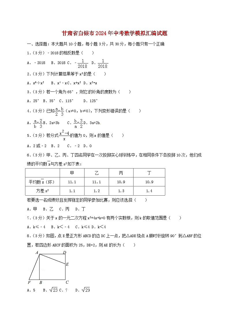甘肃省白银市2024年中考数学模拟汇编试题（含答案）第1页