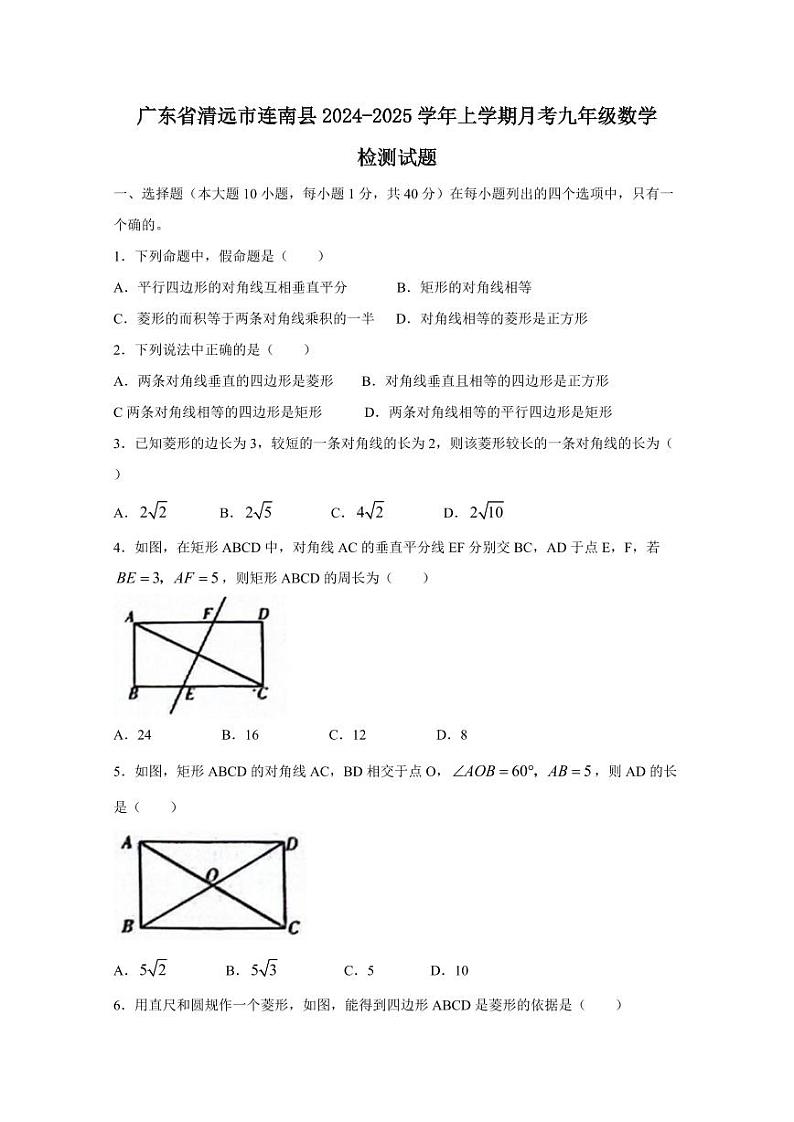 广东省清远市连南县2024-2025学年上学期月考九年级数学检测试题（含答案）第1页