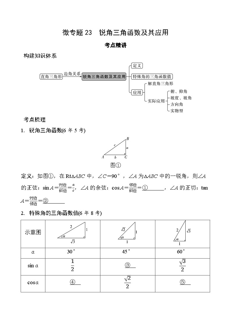 2025年中考数学一轮总复习精讲精练 微专题23  锐角三角函数及其应用  学案（含答案）第1页