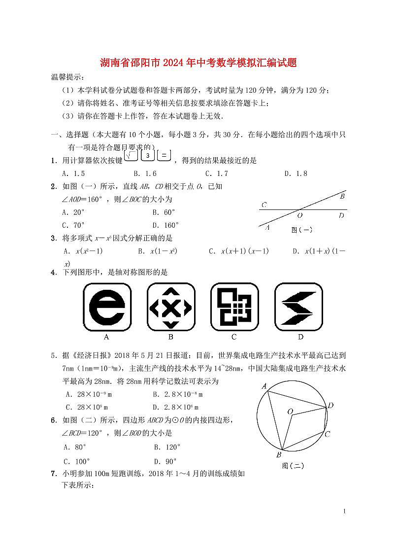 湖南省邵阳市2024年中考数学模拟试题（含答案）第1页