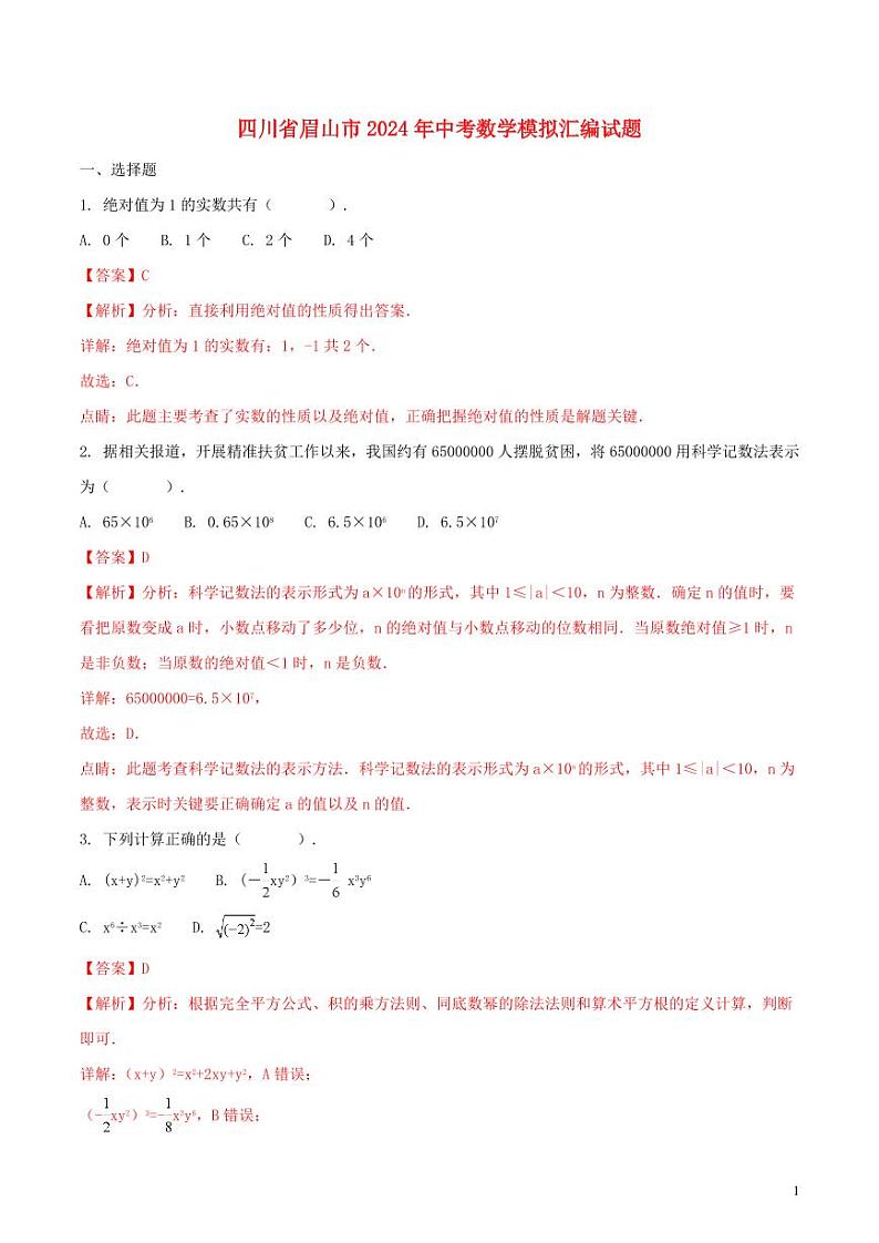 四川省眉山市2024年中考数学模拟试题（含解析）第1页