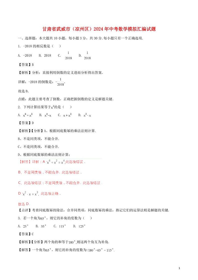 甘肃省武威市（凉州区）2024年中考数学模拟试题（含解析）第1页