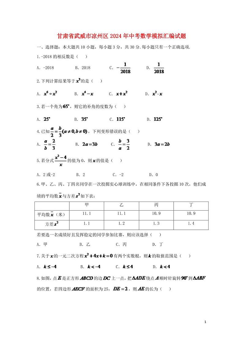 甘肃省武威市凉州区2024年中考数学模拟试题（含答案）第1页