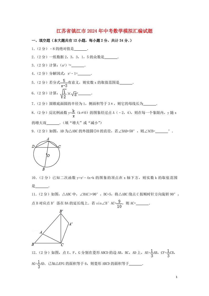 江苏省镇江市2024年中考数学模拟试题（含解析）第1页