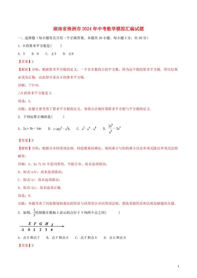 湖南省株洲市2024年中考数学模拟试题（含解析）第1页