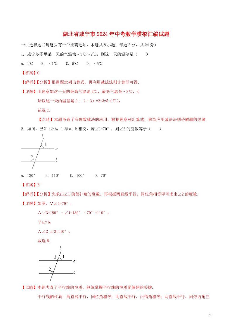 湖北省咸宁市2024年中考数学模拟试题（含解析）第1页