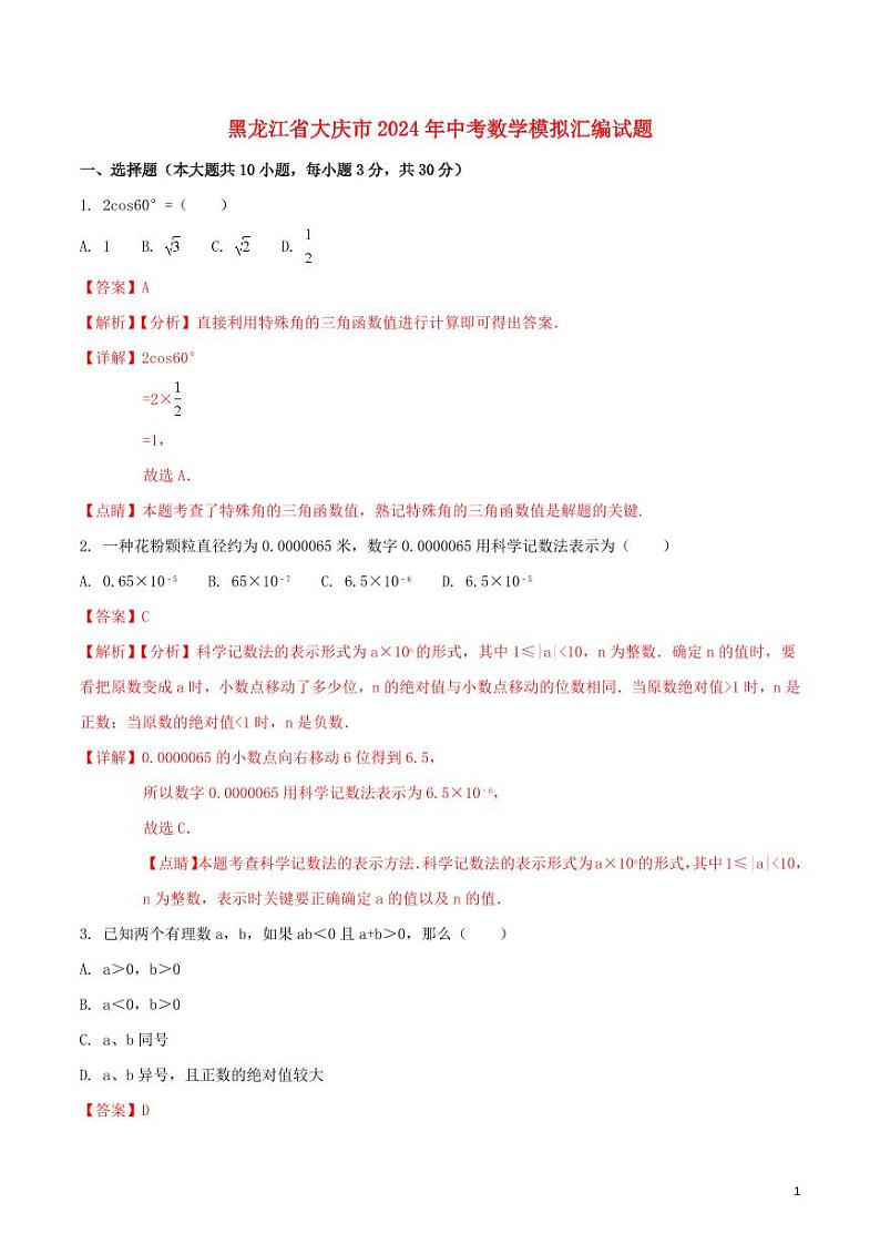 黑龙江省大庆市2024年中考数学模拟试题（含解析1）第1页