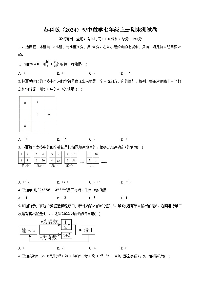 苏科版（2024）初中数学七年级上册期末测试卷（困难）含详细答案解析第1页