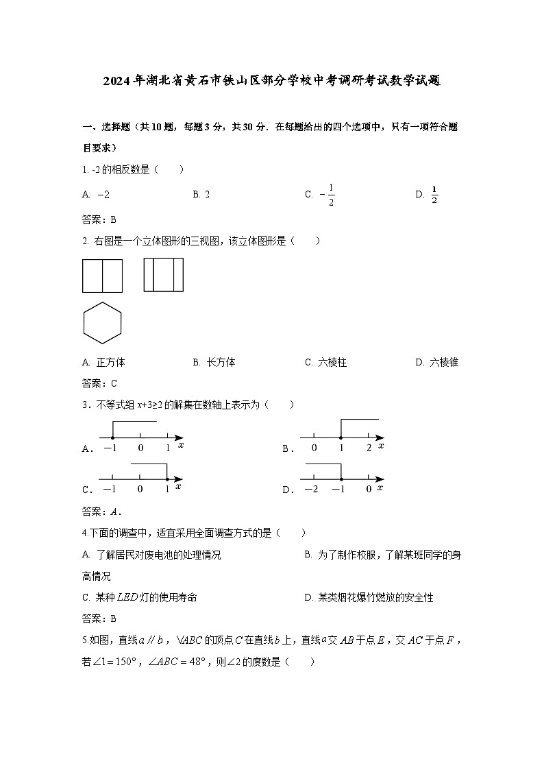 湖北省黄石市铁山区部分学校2024届九年级下学期中考调研考试数学试卷(含答案)第1页