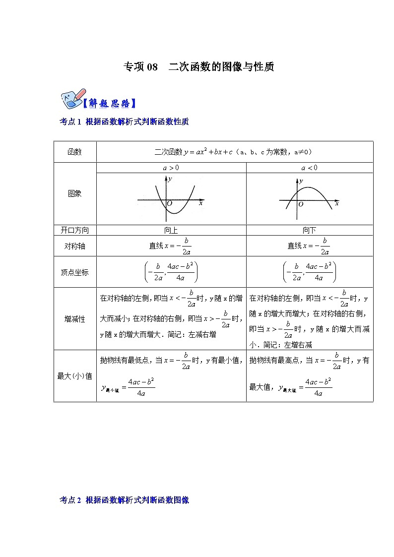 人教版数学九上期末复习讲练专项08  二次函数的图像与性质（原卷版）第1页