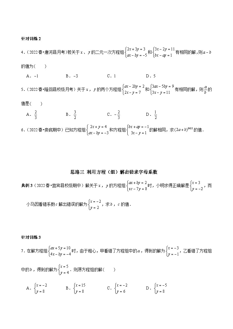 人教版数学七下期末考点复习第08讲 求二元一次方程（组）中字母系数的思路专题复习（原卷版）第2页