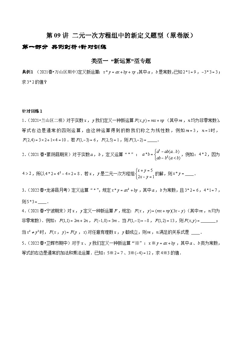人教版数学七下期末考点复习第09讲 二元一次方程组中的新定义题型（原卷版）第1页