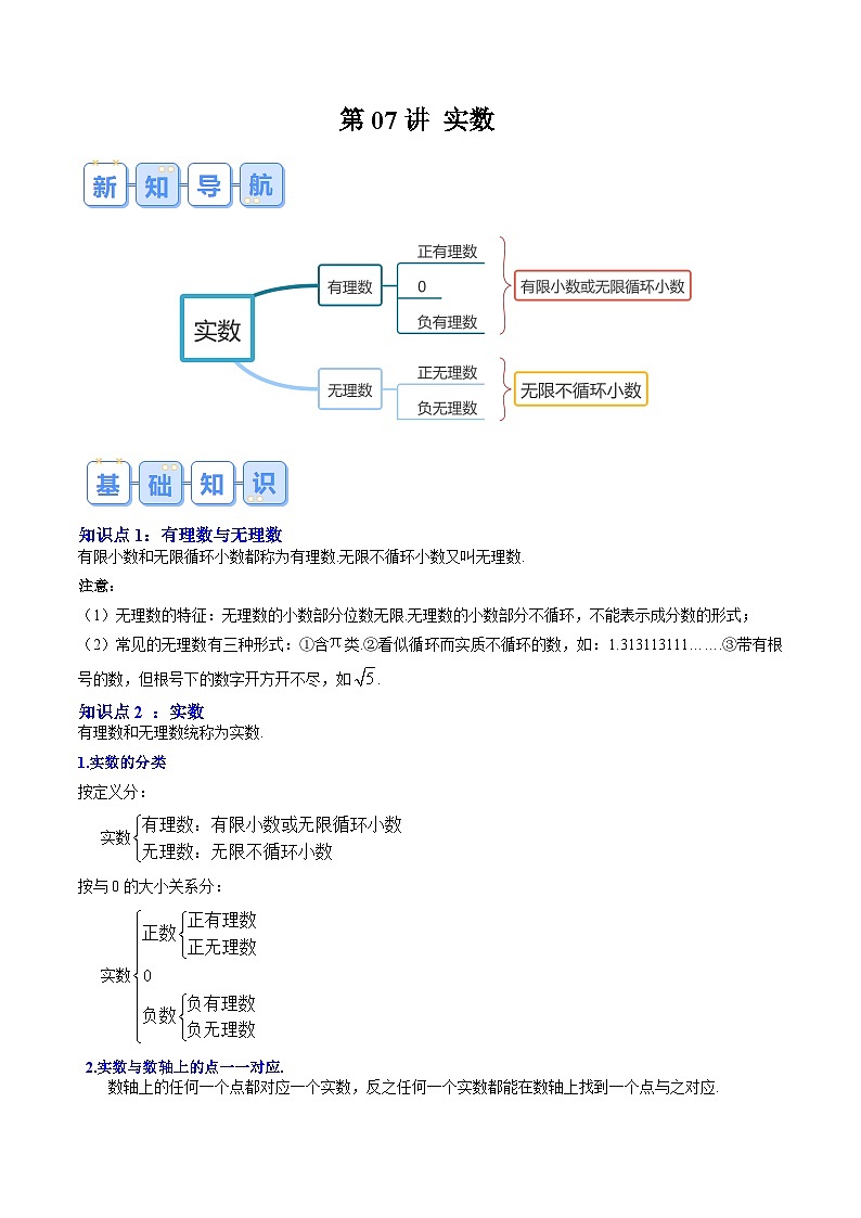 【预习新知】人教版 初中数学 七年级下册 知识讲义 第07讲 实数（教师版）第1页