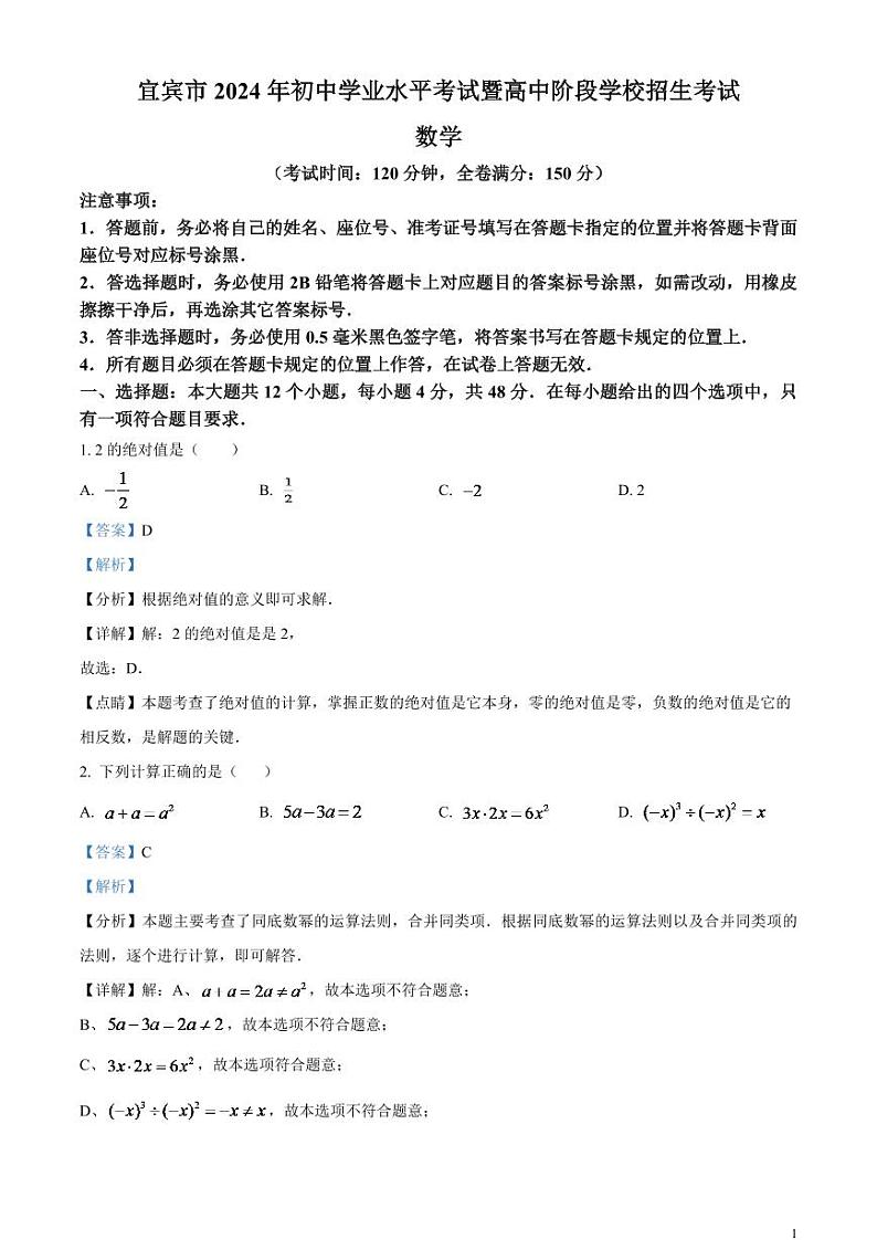 2024年四川省宜宾市中考数学试题（解析版）第1页