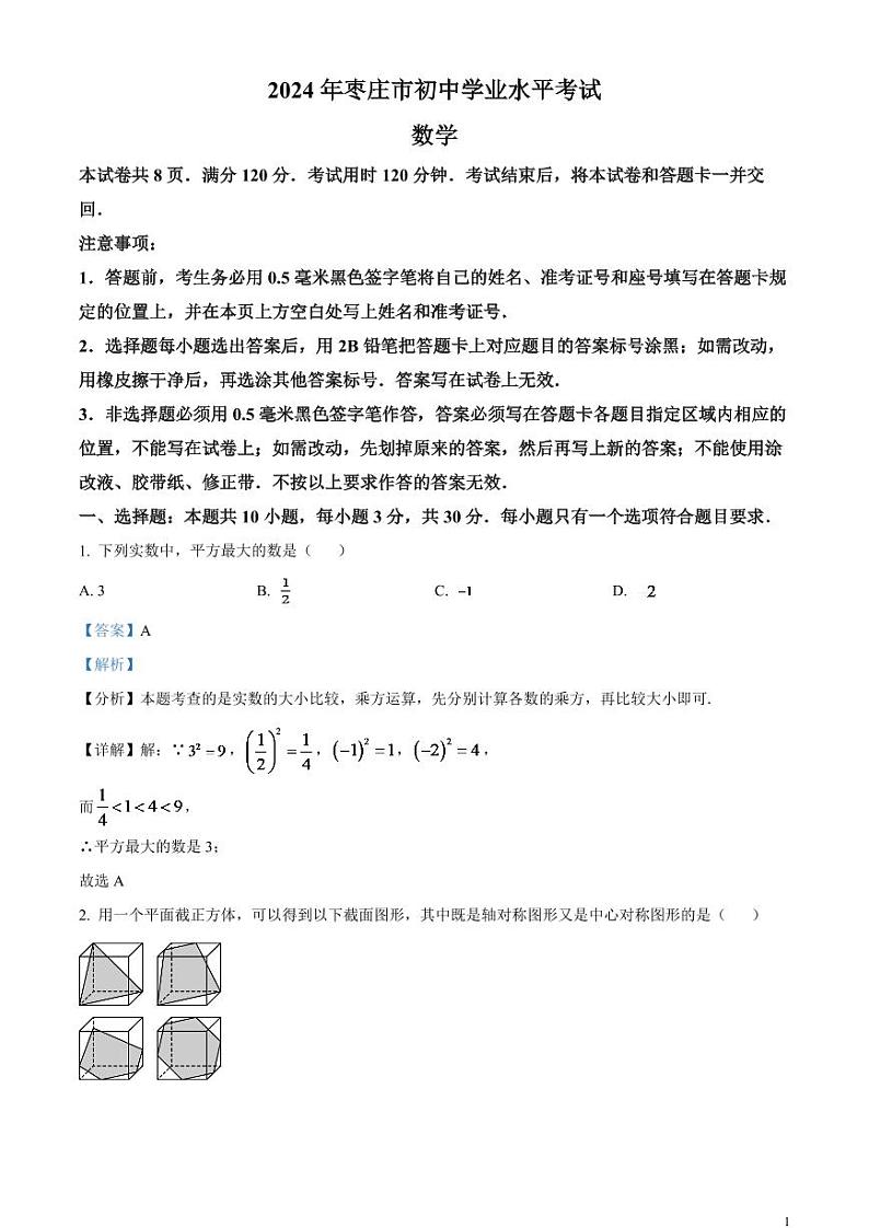2024年山东省枣庄市中考 数学试题（枣庄聊城临沂菏泽）（解析版）第1页