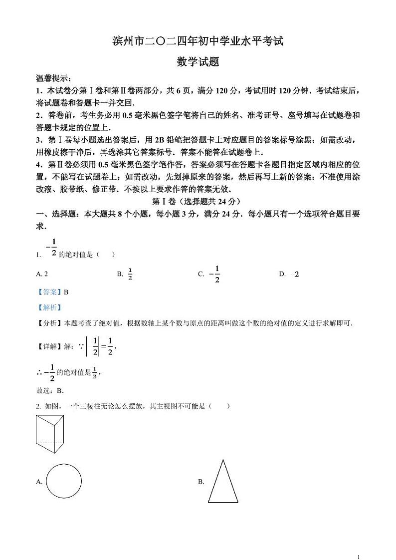 2024年山东省滨州市中考数学试题（解析版）第1页