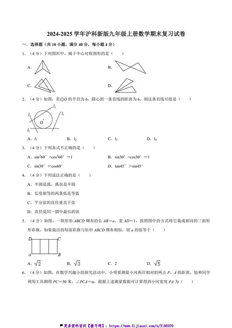 2024～2025学年沪科新版九年级上册数学期末复习试卷(含详解)第1页